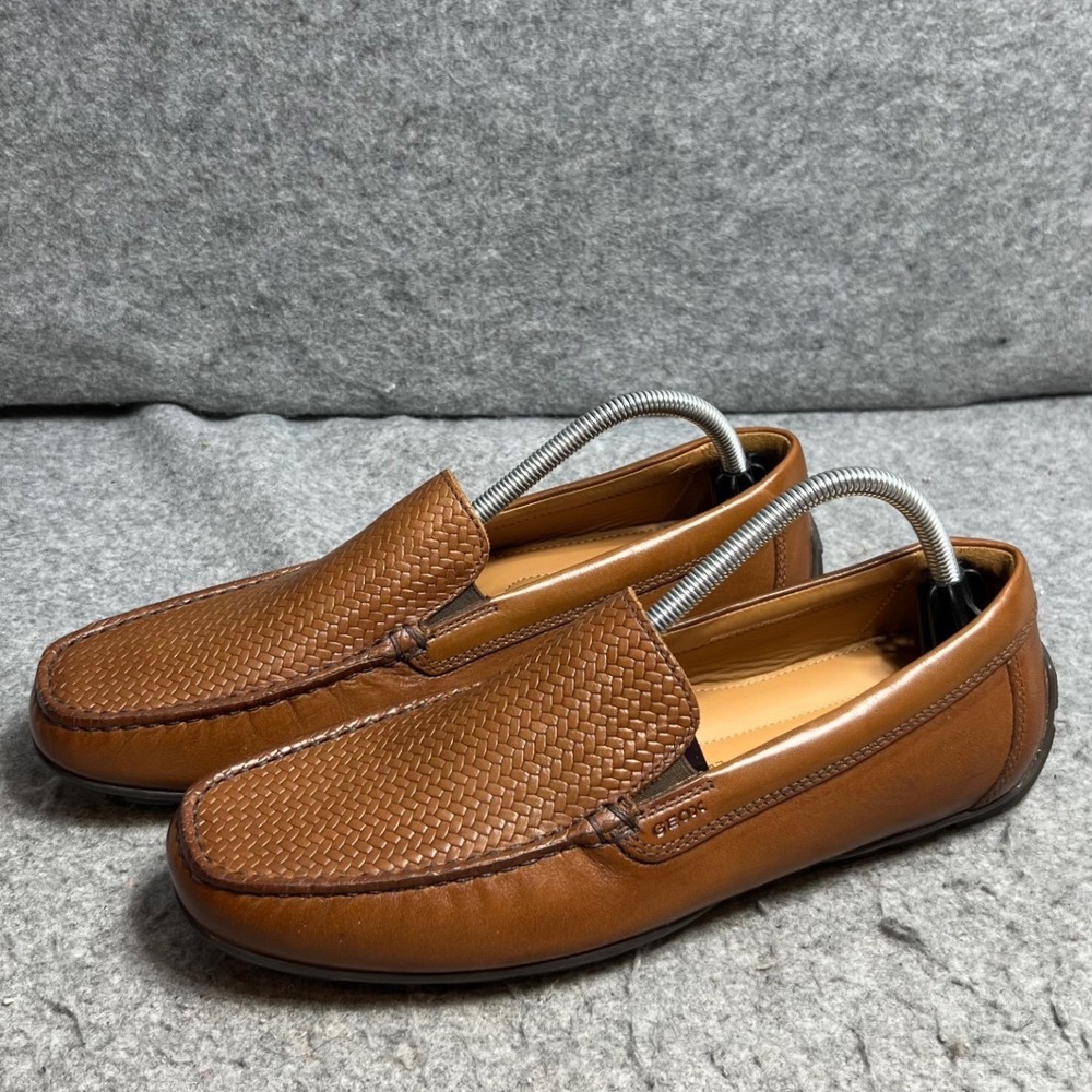 Geox Respira Mens Brown Leather Woven Vamp Driving Loafers Shoes Size 43